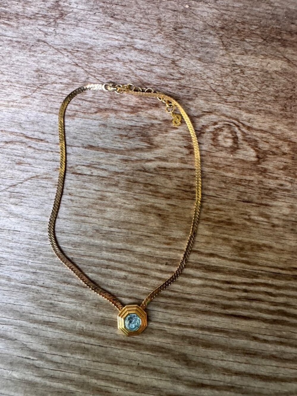 Christian Dior Gold Tone Blue Crystal Necklace Octagon Pendant 15-17” Vintage - Picture 1 of 8